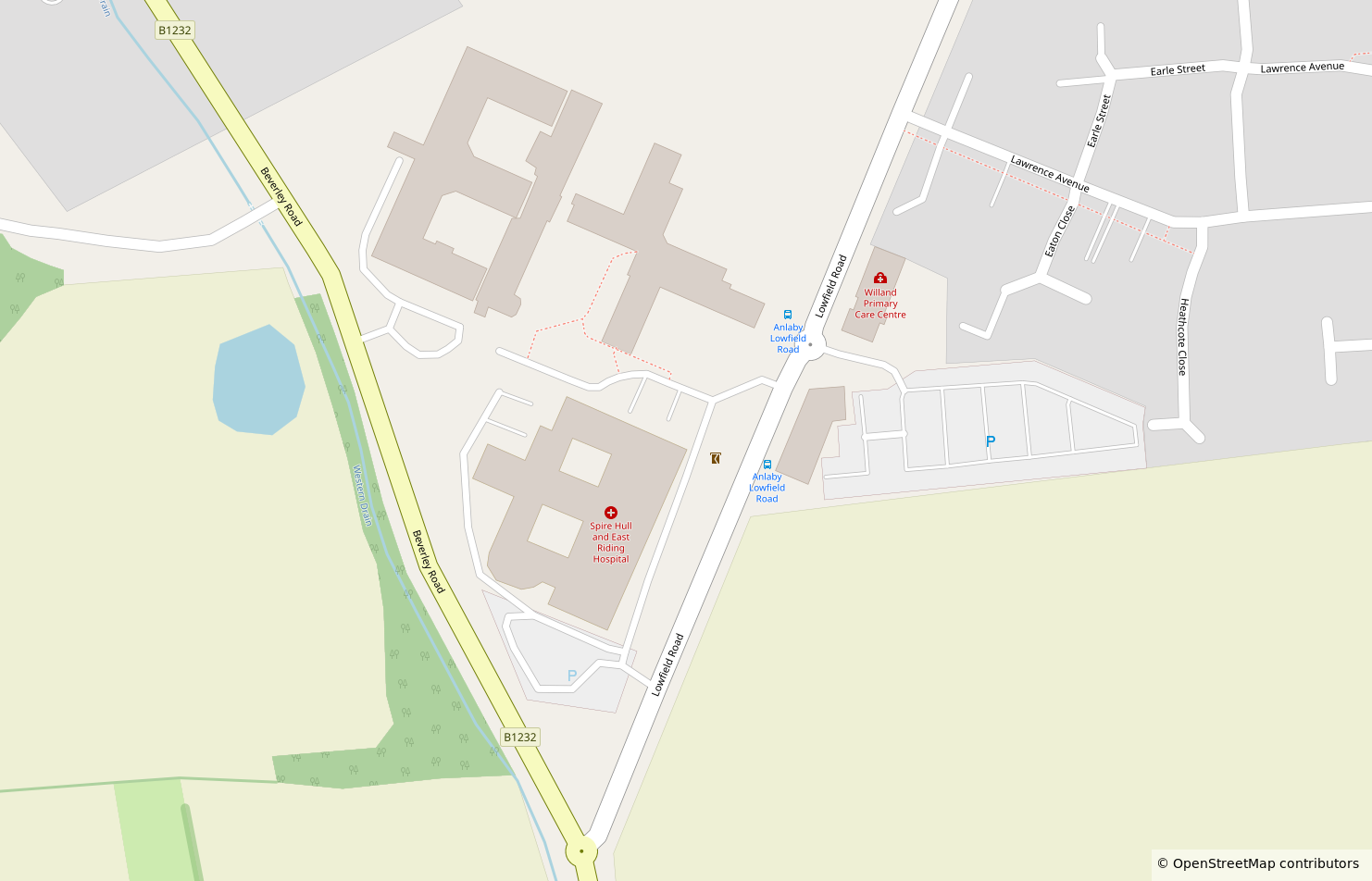 Map showing Spire Hull and East Riding Hospital on Lowfield Road, beside Beverley Road
